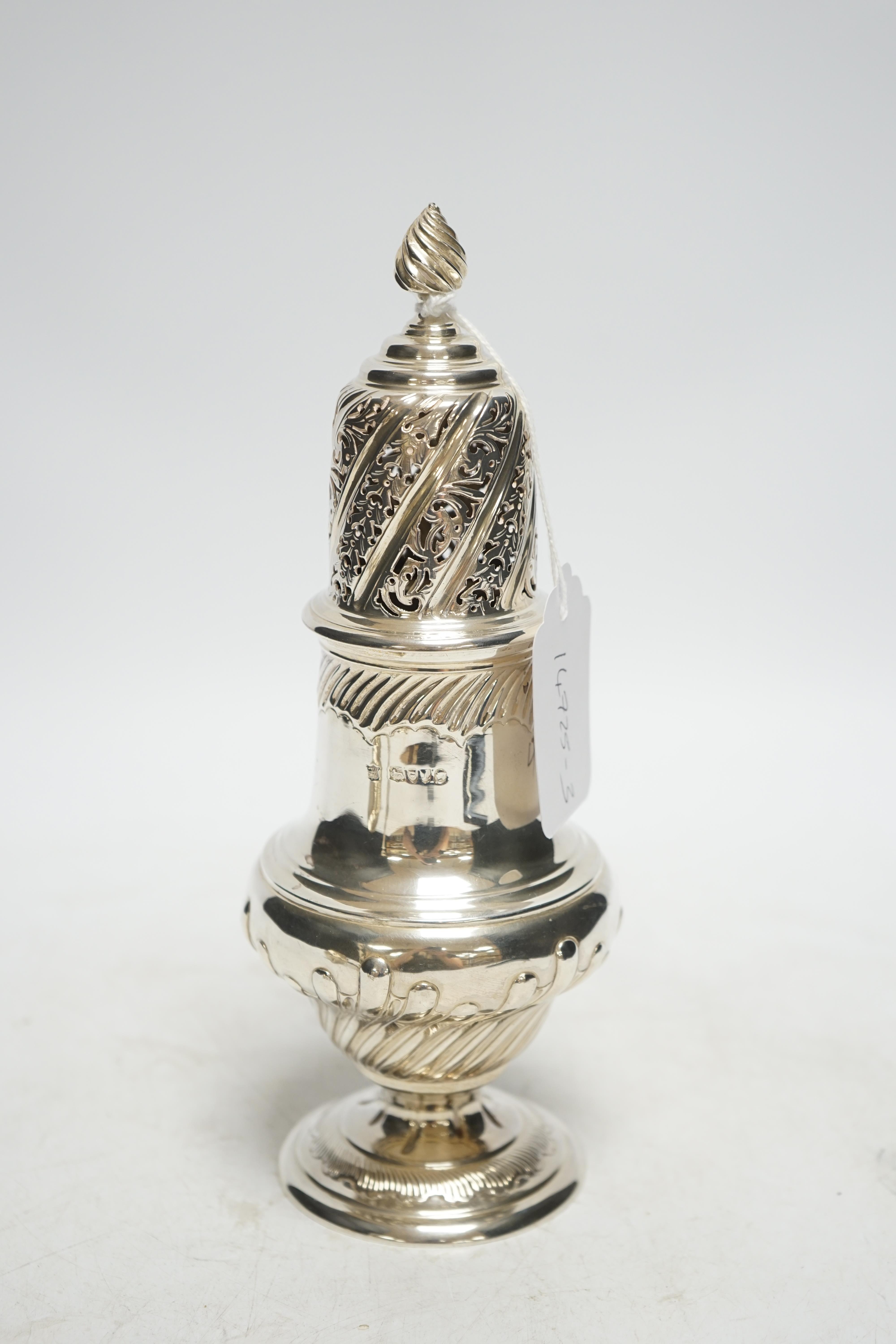 A late Victorian silver baluster sugar caster, Thomas Bradbury & Sons, London, 1886, 22.5cm, 9.6oz. Condition - good